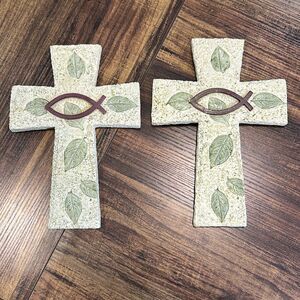 Boutique, 2 decorative accent, crosses, leaf print